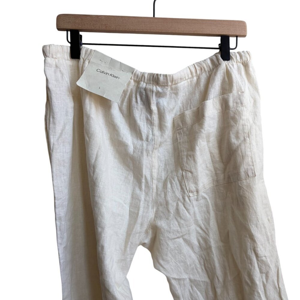 NWT Calvin Klein Creme Linen Wide Leg Pants Draw String Waist size L - Picture 7 of 11